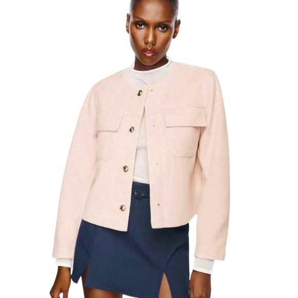 Zara Jackets & Blazers - New ZARA Women’s Powder Pink Cropped Boxy Gold Buttons Collarless Jacket Large